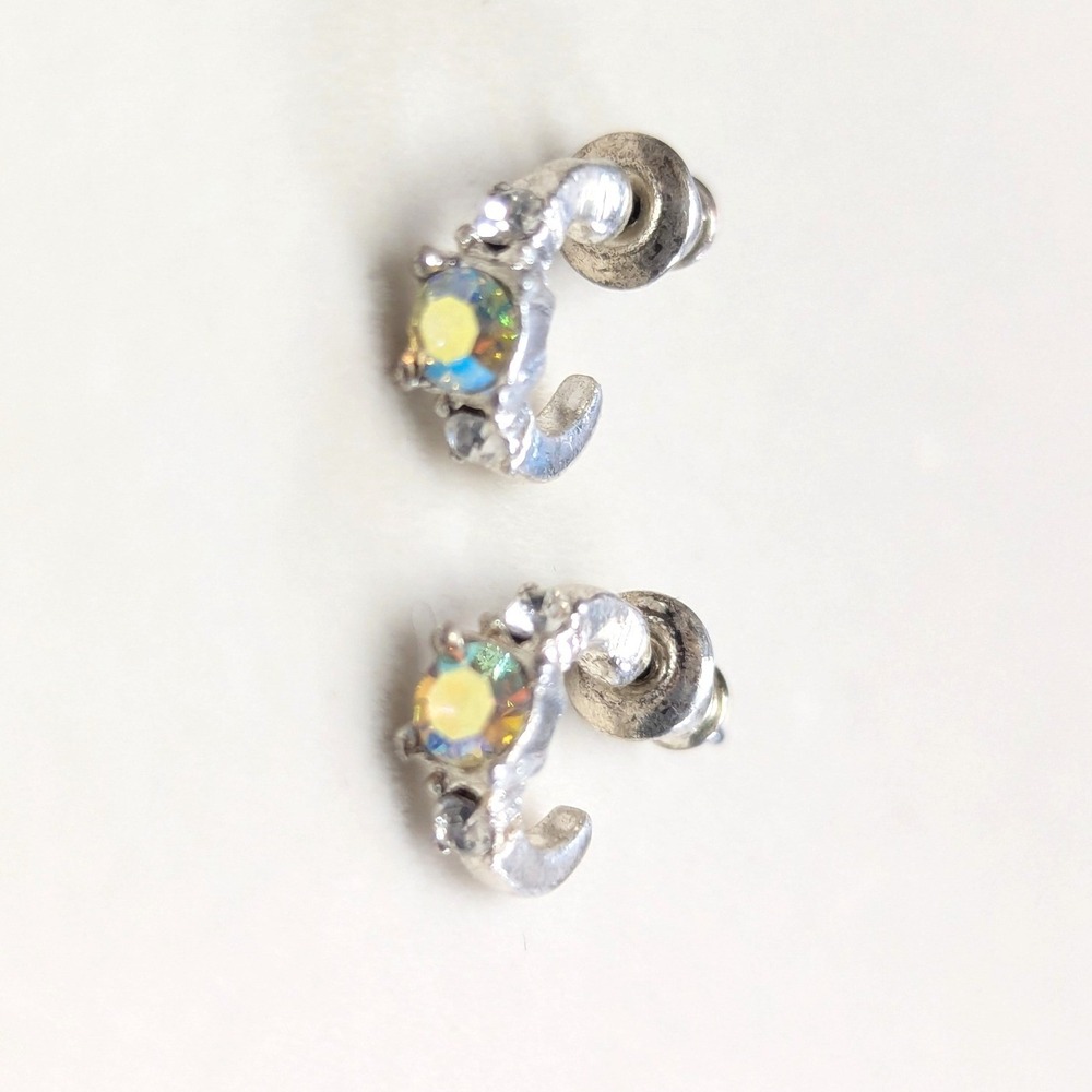 Vintage AB Crystal J Hoop‎ Earrings Small Silver Tone Iridescent Rhinestones